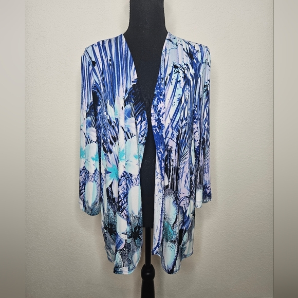 Chico's Easywear Vibrant Abstract Print Tropical Floral Stretch Open Cardigan - Picture 1 of 9